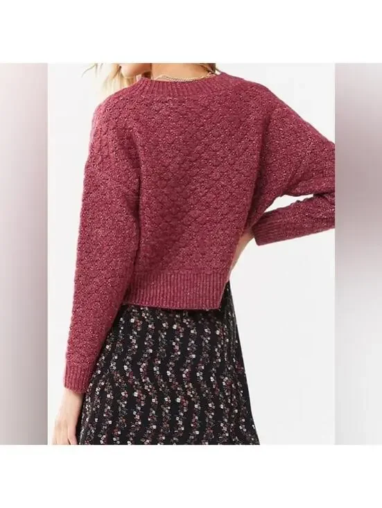 Forever 21 Berry Maroon Button Crop Cardigan- Size Small - Picture 5 of 7